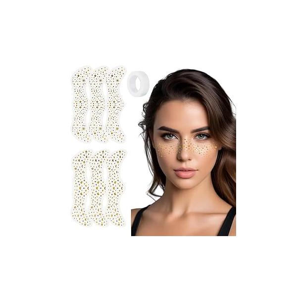 Glitter Freckles Face Tattoo, Gold Temporary Tattoos,Sparkle Makeup Patches, Cute & Waterproof Accessories For Women Girls, 6 Pcs (Set B（3pcs brown+3pcs rose gold)）)