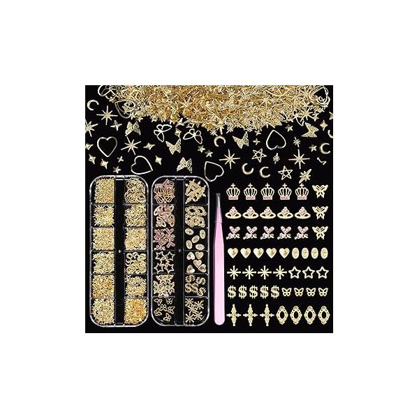 2 Boxes 300 Pcs Gold Nail Charms, Cherry Bows Star Heart Crosses Butterfly Crown Multi Shapes Golden Art Studs, Y2K Charms for DIY