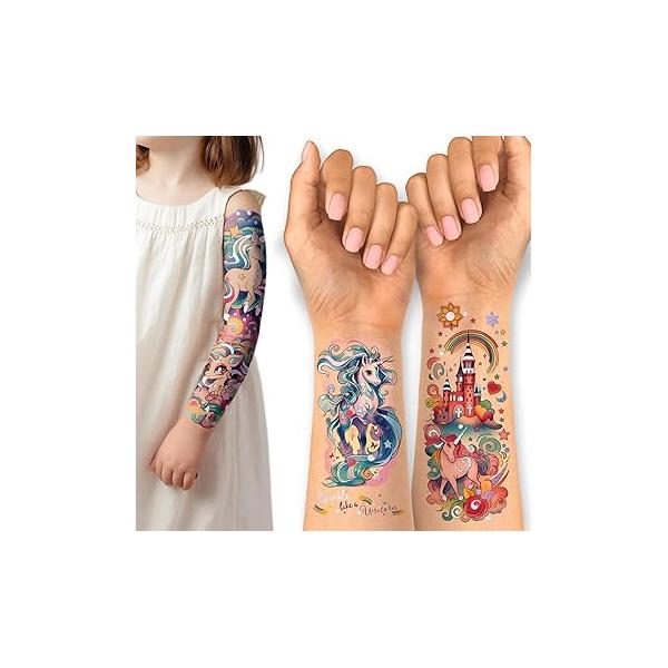 Unicorn Temporary Tattoo for Kids 35pcs Realistic Fake Tattoos, Full Half Arm Sleeve Glitter Kit, Waterproof Birthday Party Supplies, Makeup Gifts Girls (24 Sheets)