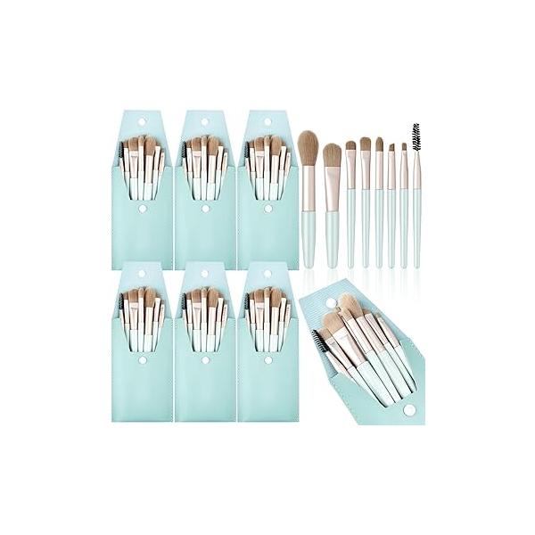 Gerrii 6 Sets Travel Makeup Brush Set Brushes Bag Bridesmaid Gift Synthetic Fiber Face Make up Angled Blush for Wedding Bridal Shower Favors Bachelorette Party (Light Blue)
