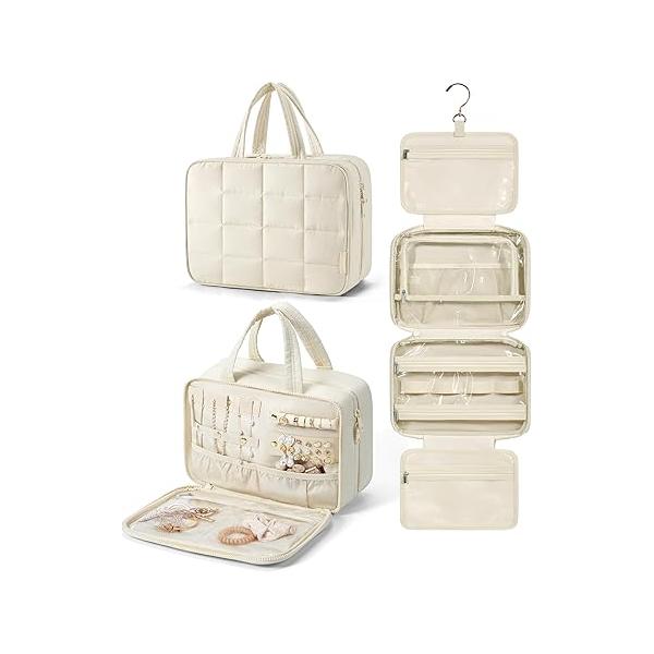 BAGSMART Travel Toiletry Bag with Jewelry Organizer, Hanging for Toiletries, Puffy Makeup Cosmetic Carry-on Accessories Essentials, Beige-L