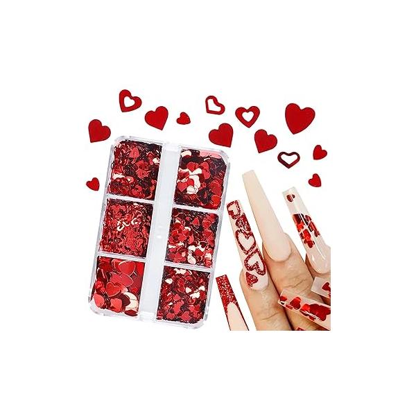 3D Heart Nail Art Stickers & Decals - Gold, Red, Black, Silver Glitter Sequins for Acrylic Nails Valentine's Day Accessories