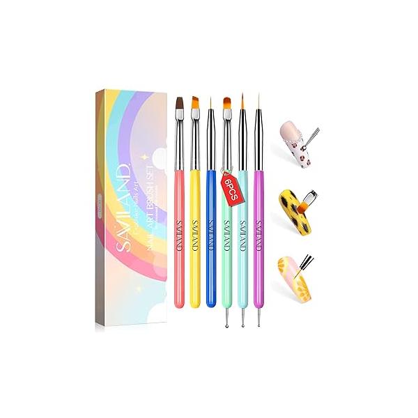 SAVILAND 6PCS Nail Art Brushes Set - Multifunctional for Design Brush Gel Extension Liner 3 Sizes Dotting Tools DIY