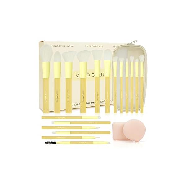 18pcs Colorful Makeup Brush Set with Make up Bag and Sponge Applicators for Liquid Foundation - Professional Cosmetics Tools Blush Blending Blender Brushes Gift Pack (Multi-Colored)