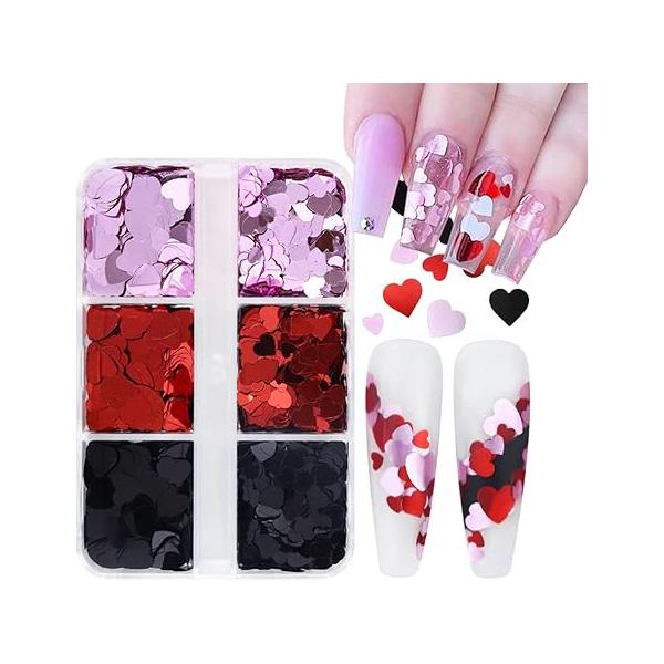 6 Jars Heart Nail Art Glitters Sequins Holographic Valentine's Day Glitter Red Love Designs Sequin Powder Hexagon Chunky Flakes Valentines Nails Decorations DIY Crafts