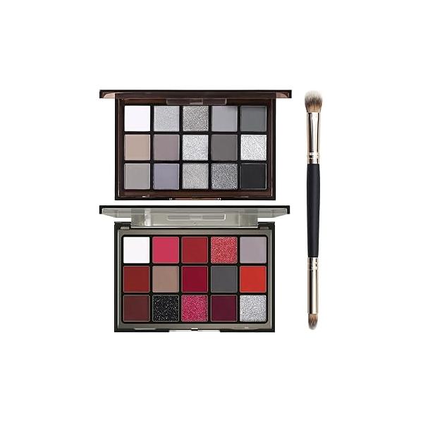 UCANBE Red Eyeshadow Makeup Palette, 15 Colors Burgunry Gray Silver Shimmer Matte Glitter Metallic Eye Shadow Pallet, Pigmented Make Up Kit for Halloween Parties Christmas Joker Vampire Clown