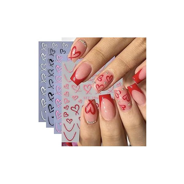 Heart Nail Stickers for Art Love Decals French Lovers Wavy Line Design 3D Self-Adhesive Hollow Peach Shaped Sticker Women Valentine Gift Decoration