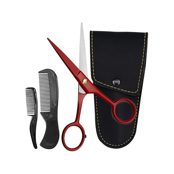 Ontaki 5" Professional German Beard & Mustache Scissors with 2 Comb Carrying Pouch for Men - Bevel Edge Precision Facial Hair Grooming Kit All Body Black Trimming
