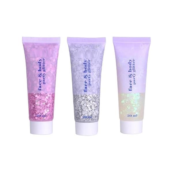 CCbeauty White Pink Silver Body Glitter,Face Glitter Gel,Singer Concerts Music Festival Rave Accessories,Sequins Face Paint,Chunky for Eye Lip Hair,Sparkling Holographic Gel Women