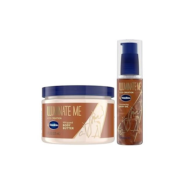 Vaseline Illuminate Me Body Butter & Oil - Shimmering Bronzer, Hydrating Whipped Organic Shea with 24-Hour Moisture for Melanin-Rich Skin, Radiant Glow (2 Piece Set)