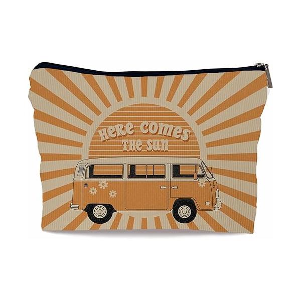 Ayxvt Here Comes the Sun Hippie Bus Sunshine Makeup Bag,Hippie Purse Pouch Travel Toiletry,Here hippie Gifts for women