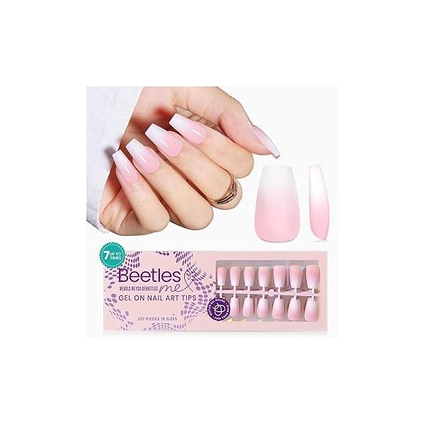 Beetles Ombre French Gel Nail Tips: 210Pcs Pink Press On Nails Short Coffin Kit Gifts for Women Fit Perfectly 4 in 1 Pre-applied Tip Primer & Base Coat Extension Designs