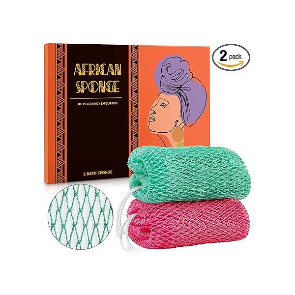 African Net Sponge Authentic - 2 Pieces Real Exfoliating with Knots Afro Back Scrub for Body Exfoliator Bath Loofah Washcloth Shower Essentials