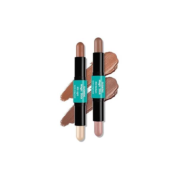 Contour Stick, 2Pcs Dual-Ended Highlighter Makeup Pen & Contouring Stick for Face Shaping, Long Lasting Waterproof Cream Bronzer Highlight Sticks Make Up Kit All Skin Tones (01# + 02#)