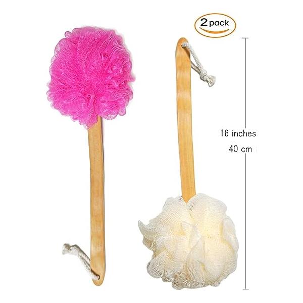 Shower Loofah Body & Back Scrubber - Exfoliating Bath Brush On a Stick with Long Wooden Handle for Men Women Easy Reach Wash Lotion Applicator（ 2 Pack- White&Green）