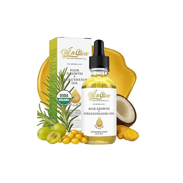 8 in 1 Natural Hair Growth Serum & Strengthening Oil with USDA Organic Rosemary, Castor, 100% Vegan Jojoba, DHT Blocker Coconut, Grape Seed for Split Ends, Ginger Peppermint Scalp 2 FL