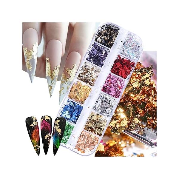 Holographic Nail Glitter Foils, 12 Colors Sparkly Ultra-Thin Aluminum Foil Art Flakes Design, Laser Sequins Acrylic Supplies for Women Girls Manicure Charms Decorations, DIY 3D Tips