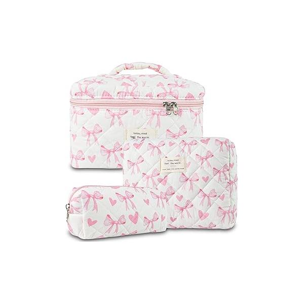 3Pcs Makeup Bag Cotton Quilted Travel Cosmetic Cute Floral Pouch Large Toiletry for Women Girls (Bow-Pink4)