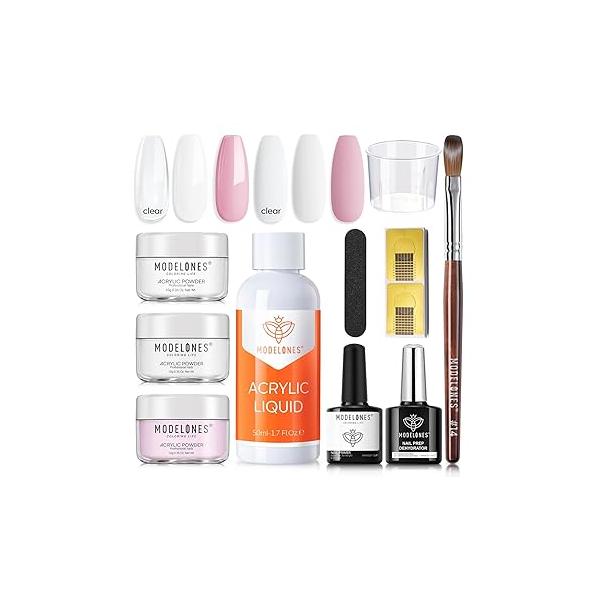 modelones Acrylic Nail Kit Clear Powder/White/Pink Powder and Liquid Set with Gel Nails Glue, Brush, 11pcs Extension for Beginner