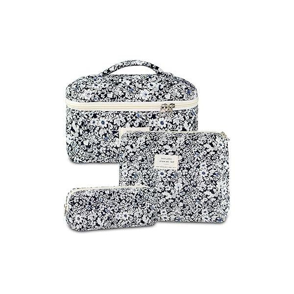 3Pcs Makeup Bag Cotton Quilted Travel Cosmetic Cute Floral Pouch Large Toiletry for Women Girls (Bow-Pink4)