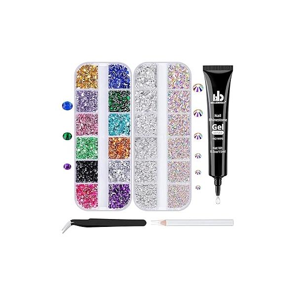 Nail Art Rhinestone Glue Gel&2 Boxes Flatback Gems Kit, 1 Tube of 15ml Gel Glue+Colorful Gems+Flat Back Round Glass Crystal AB&Clear Gemstones with Pickup Tools