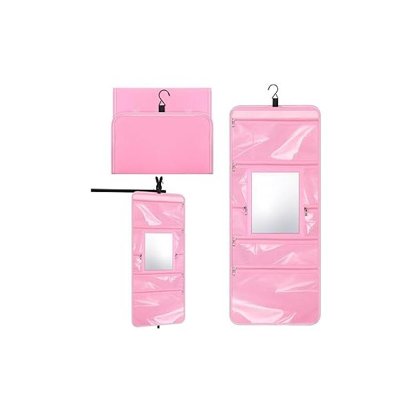 Hanging Toiletry Bag with Mirror for Men Women Travel Kit Large Foldable Beauty Dance Makeup Organizer Storage Waterproof Roll up Cosmetic Case Accessories Bathroom Shower(Pink)