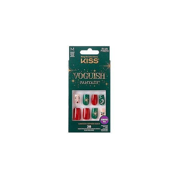 KISS Voguish Fantasy Glue-On Nails, Pine Trees, White, Medium Size, Almond Shape, 28 2g glue, 1 Manicure Stick, Mini File