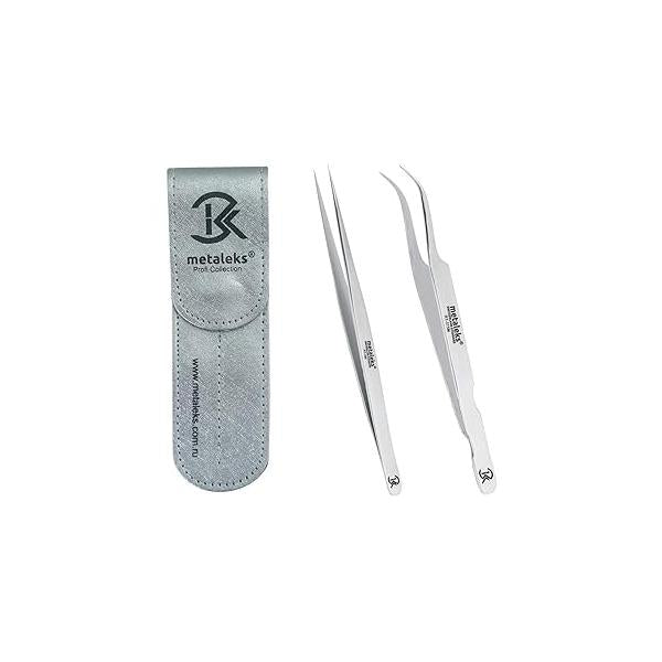 2Pcs Eyelash Extension Tweezers Set Made of Japanese Stainless Steel with Pouch (Multi Titanium Coated)