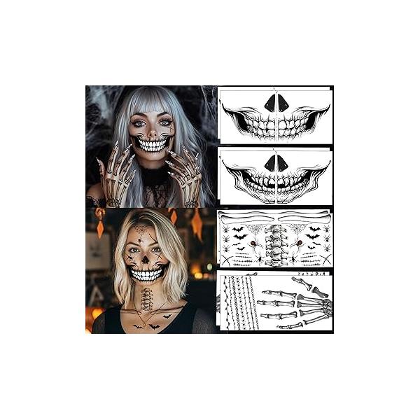 8Pcs Skeleton Face Tattoo Halloween Accessories，Halloween Tattoos Ghost Temporary Tattoo,Halloween Make Up Stickers Zombie Makeup Kit (A-8 skeleton face tattoo)