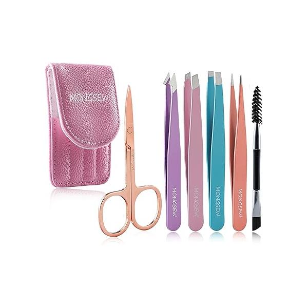 6PCS Eyebrow Tweezers, MONGSEW Stainless Steel Tweezers Set for Women, Eyebrown Scissors Ingrown Hair Removal, Suitable Both Men and Travel Case Included