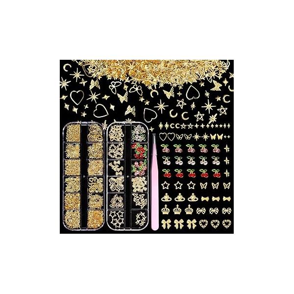 2 Boxes 300 Pcs Gold Nail Charms, Cherry Bows Star Heart Crosses Butterfly Crown Multi Shapes Golden Art Studs, Y2K Charms for DIY