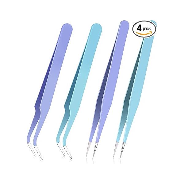 Sticker Tweezers, 4 Pcs Straight Curved Tweezers Nippers Eyelash Tweezer Stainless Steel Craft Kit for Crafting, Stickers, Lashes Extensions, Jewelry Making, Purple/Blue