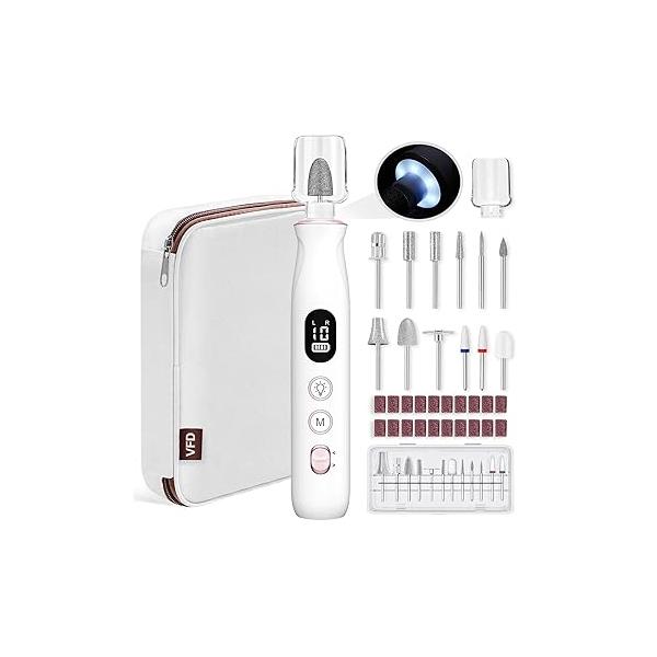 Electric Nail Drill, Cordless 2000 mAh Rechargeable Portable File 12 in 1 Kit for Thick Toenails, 10 Speeds Dril Machine Professional Manicure Pedicure Hand Natural Nails Care (White)