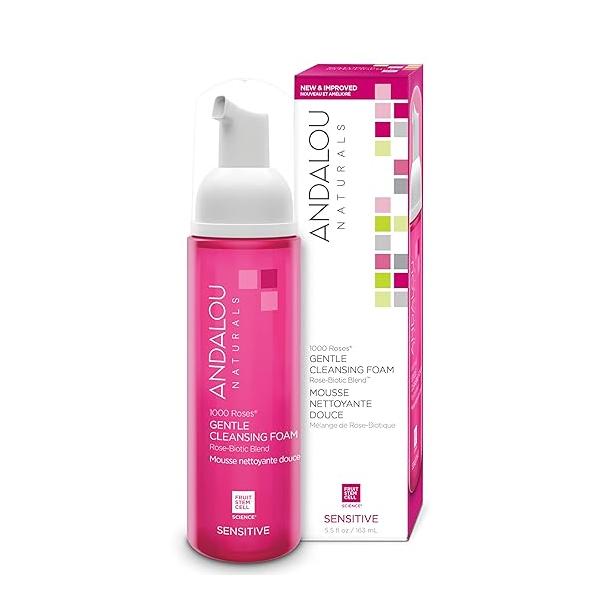 Andalou Naturals 1000 ROSES Gentle Cleansing Foam Face Wash, Hydrating Foaming Facial Cleanser with Rosewater & Aloe for Women Men, Non Toxic, Vegan