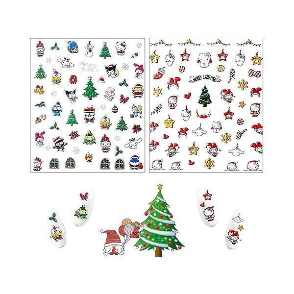 2 Sheets 5D Cute Christmas Socks Nail Stickers, Gingerbread Cartoon Self-Adhesive Art Supplies for Women Girls Kids, Kawaii Stickers Designer Manicure Decoration Gifts (90+ Decals)