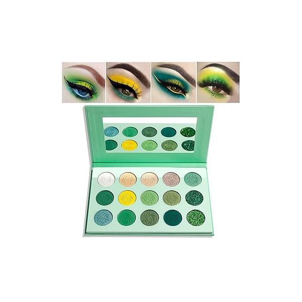 Green Eyeshadow Palette，QIUFSSE 15 Colors Eye Shadow Pallete Sets Highly Pigmented Matte Glitter Colorful Long Lasting Blendable Forest Emerald Yellow Makeup Pallet for Women Christmas Halloween