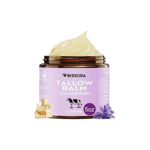Beef Tallow for Skin, Organic Grass-Fed Balm with Raw Honey & Jojoba Oil - Whipped Moisturizer Face Body All-Natural Skin Care Soft, Hydrated (5 OZ, Lavender)
