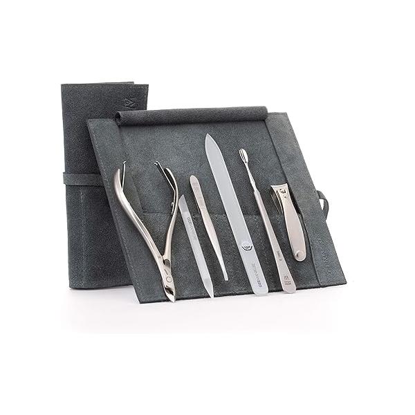 GERMANIKURE 6pc Manicure Set in Purple Suede Case - FINOX Stainless Steel Tools Made Germany, Glass Nail Care Supplies Czech Republic - Professional Cuticle and Kit