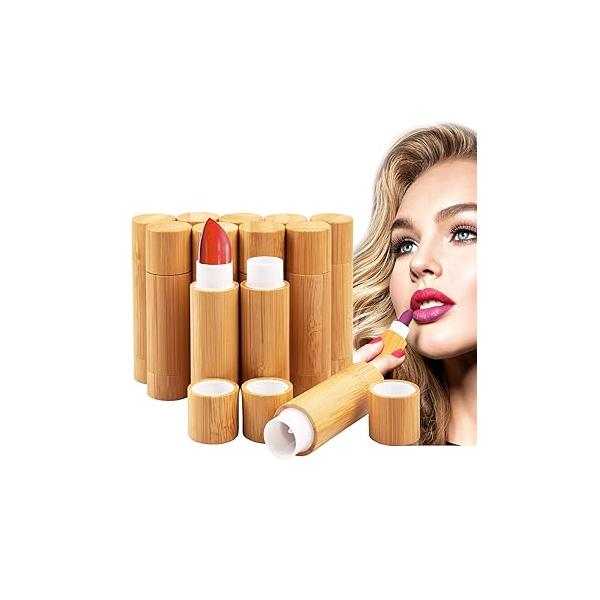 AUHOKY 12Pcs Bamboo Empty Lipstick Tubes, 5.5g Refillable DIY Lip Balm Tube Containers with Clear PP Plastic Inner, Cosmetic Gloss Deodorant Case Holder For Women Girls Makeup