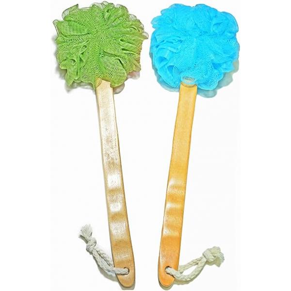 Shower Loofah Body & Back Scrubber - Exfoliating Bath Brush On a Stick with Long Wooden Handle for Men Women Easy Reach Wash Lotion Applicator（ 2 Pack- White&Green）