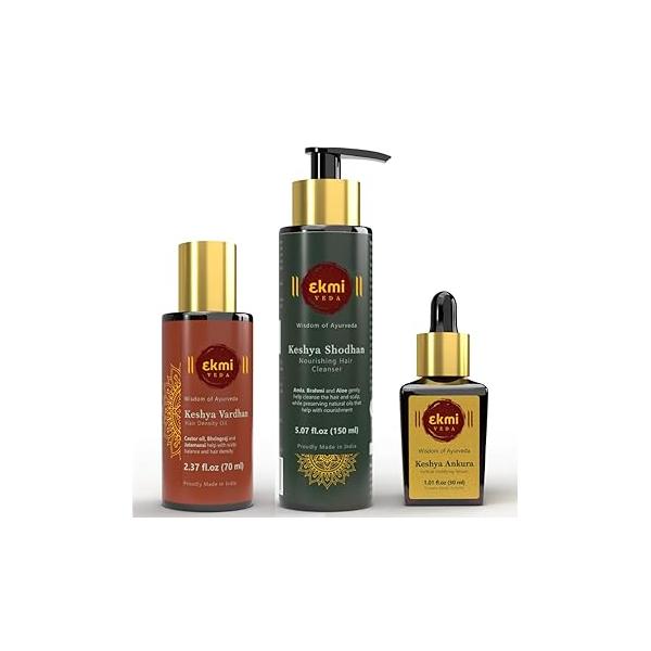 Hair Growth Set With Ayurvedic Herbs- Amla, Bhringraj, Castor, Rosemary For Growth. Sulfate Free Thickening Product,3 Pcs - Oil, Shampoo & Serum, 8.45 Fl Oz