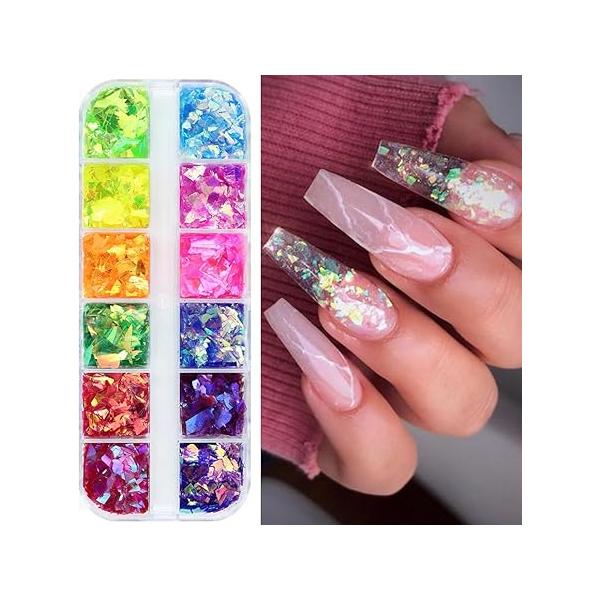 Holographic Nail Glitter Foils, 12 Colors Sparkly Ultra-Thin Aluminum Foil Art Flakes Design, Laser Sequins Acrylic Supplies for Women Girls Manicure Charms Decorations, DIY 3D Tips