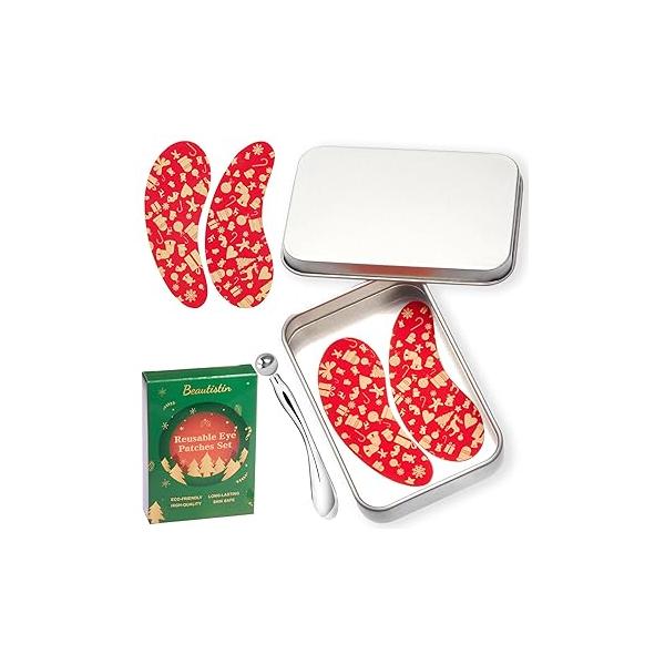 2 Pairs Reusable Under Eye Wrinkle Patches Silicone Mask, Plump Fine Lines & Wrinkles, with Metal Cream Applicator, Tin Case, Purple