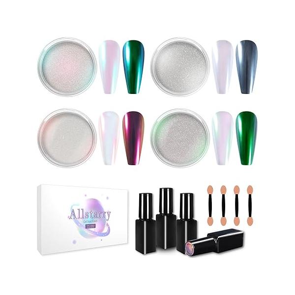 Allstarry Chrome Nail Powder Kit, 4x7ml Black White Gel Polish Top and Base Coat Set, 4 Colors Aurora Chameleon Metallic Mirror Effect Mermaid Pigment Glitter Dust for Art Decoration