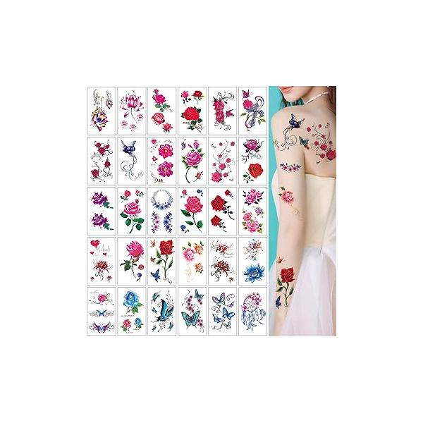 30 Sheets Rose Temporary Tattoos for Women Girls 3D Butterfly Flower Sexy Fake Tattoo Stickers Waterproof Body Art Colored Temp Paper (S30 C)