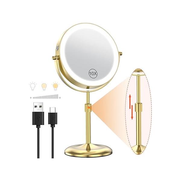 Benbilry Lighted Makeup Mirror with 3 Color Lights & 10X Magnification, Adjustable Brightness Height, 7 Inch 360° Swivel Rechargeable LED Magnifying Vanity Light, Gold