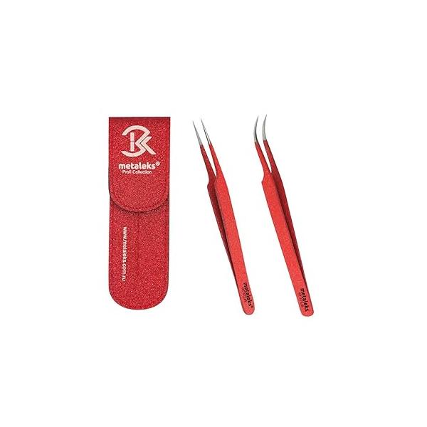 Tweezers for Eyelash Extension - Straight and Curved Pointed Professional Stainless Steel Precision set 2 Pcs With Pouch In Purple Powder Coating