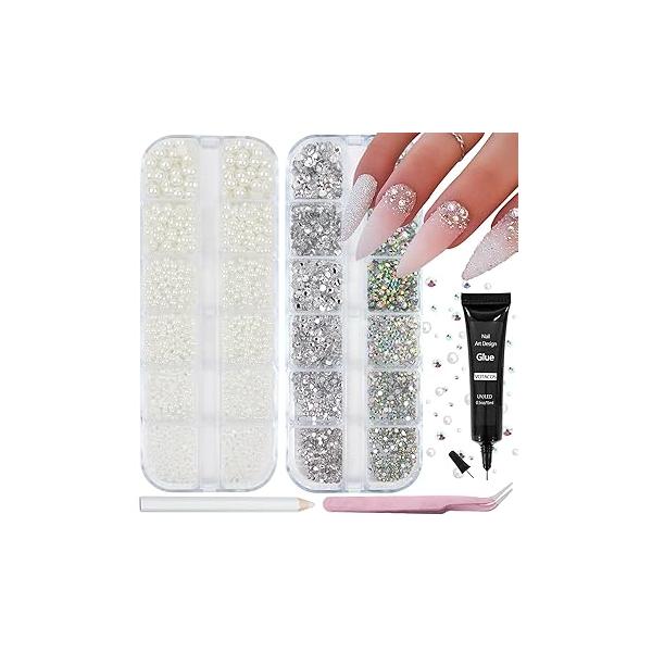 Nail Art Pearls with Rhinestones Glue Gel Flatback Charms Luxurious Supplies Accessories Gold Silver Gems Jewelry for Women Design