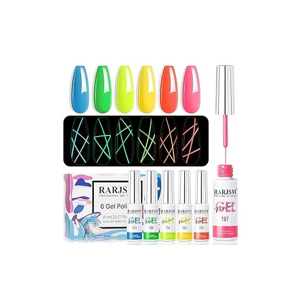 RARJSM Painted Gel Nail Polish Set, Line Art 12 Colors Neon Pink Yellow Green Glitter Silver Gold Painting Manicure Tools DIY Drawing NailGel for U V L E D Required