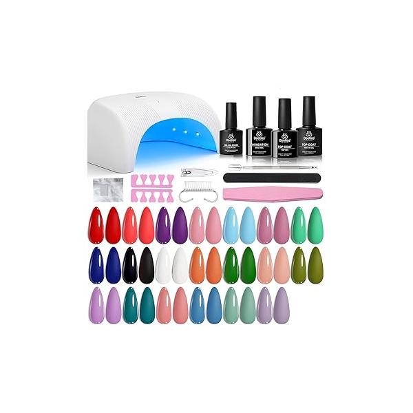 Beetles Gel Nail Polish Kit with U V Light 53 Pcs Emotional Spectrum 32 Colors Base and Matte&Glossy Top Coat Soak Off Pink Red Color All Season Manicure Tools Decoration Plus